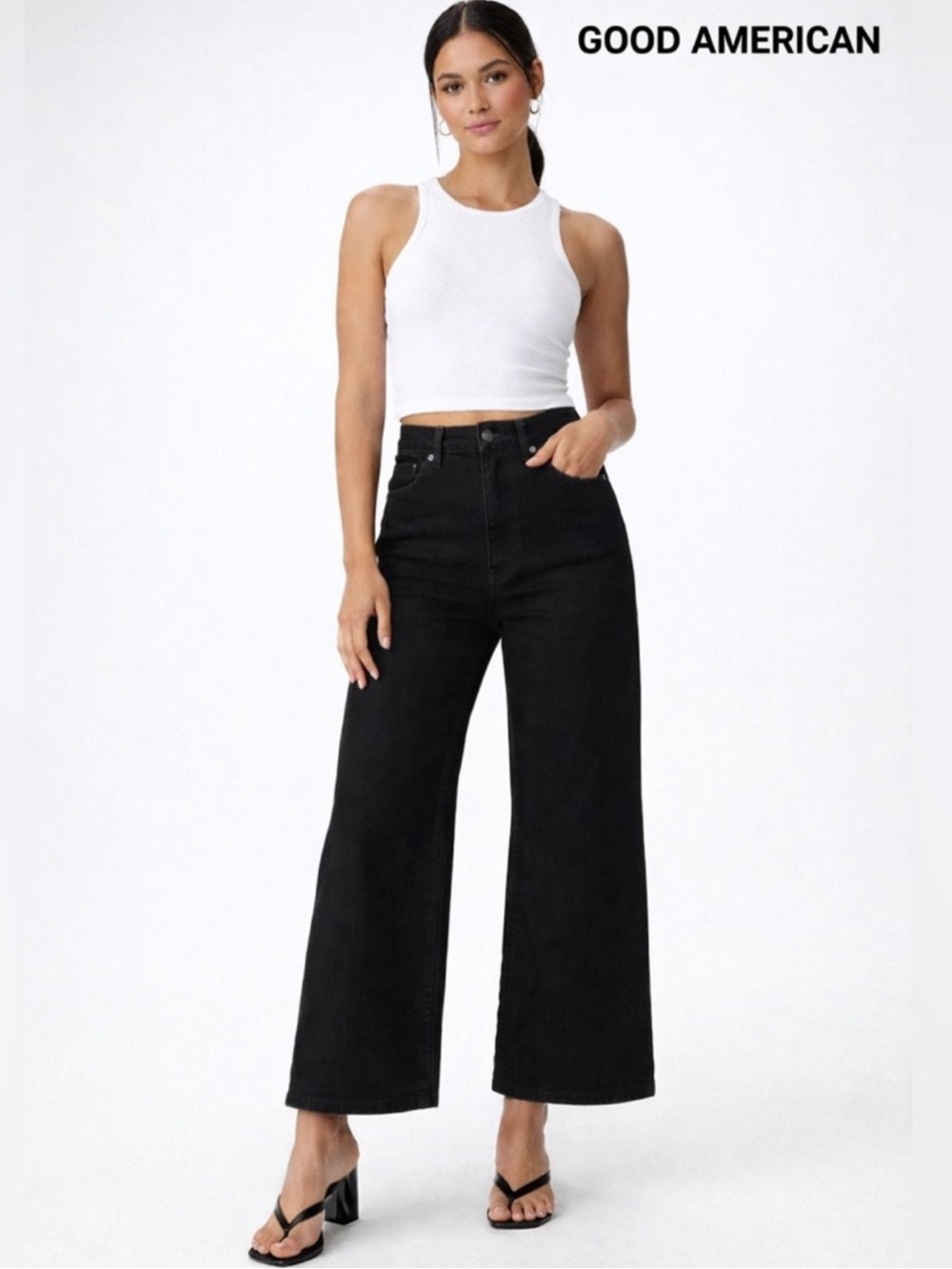Good  American NWT Good Waist Palazzo Jeans Black High Rise Wide Leg Size 0/25